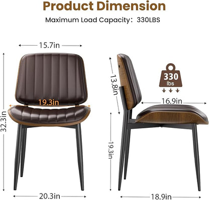 YaFiti Dining Chairs Set of 8, Mid Century Modern Dining Room Kitchen Chairs, Upholstered PU Leather Vertical Stripe Chairs for Vanity with Walnut Bentwood and Metal Legs, Brown