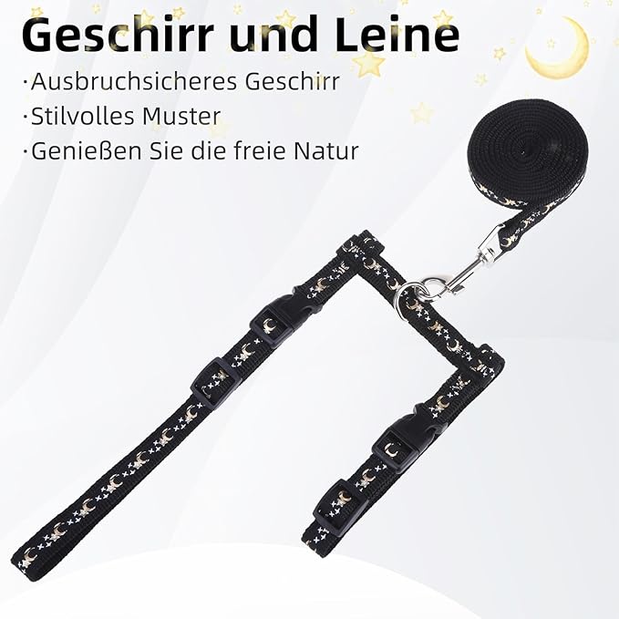 PUPTECK Adjustable Cat Harness and Leash Set Escape Proof Kitten Strap Collar for Walking Travel, Moon&Star