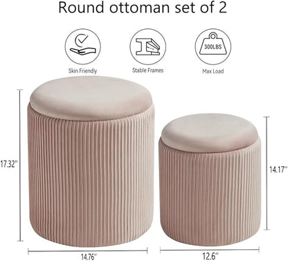 Round Set of 2 Ottoman with Storage-Upholstered Velvet Vanity Stool for MakeupMultifunctional Ottomans Coffee Table Padded Seat Foot Rest for Living Room&Bedroom(Pink)