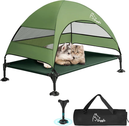 Upgraded Elevated Dog Bed with Canopy, Portable Raised Outdoor Dog Bed with Stable Anti-Slip Feet, Removable Wider Shade, Raised Dogs Cot for Large Pets Camping, Indoor & Outdoor Use