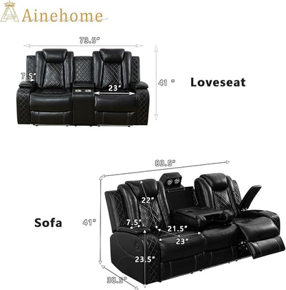 A Ainehome Luxury Furniture Sets Power Recliner Sofa Set Recliner Leather Sofas Loveseat Chair for Living Room Furniture/Small Space/Rv/House/Office/Theater Seating (F-Black,Sofa+Loveseat)