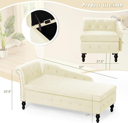 ACMEASE Upholstered Chaise Lounge with Left Armrest & Lumbar Pillow,Button Tufted Lounge Sofa with Storage,Lounge Chair Indoor,Modern Velvet Lounge Chair for Bedroom, Living Room and Office,Beige