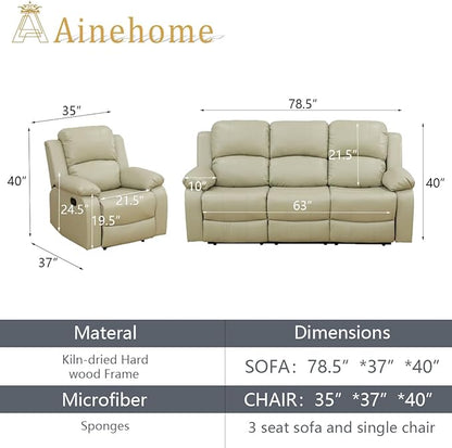 A Ainehome Living Room Furniture Set Bonded Leather Recliner Sofa Set Loveseat Chair Furniture Sofa Set for Living Room/Rv/House/Office/Theater Seating (A-Beige Leather, Sofa+Chair)