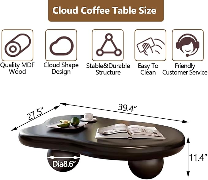 Cloud Coffee Table Modern Cute Coffee Tables Irregular Simple Tea/Center Table for Small Space End Table for Living Room, Home Office, Indoor (Irregular Shape Black 39.4" Wx27 Dx11.4 H)