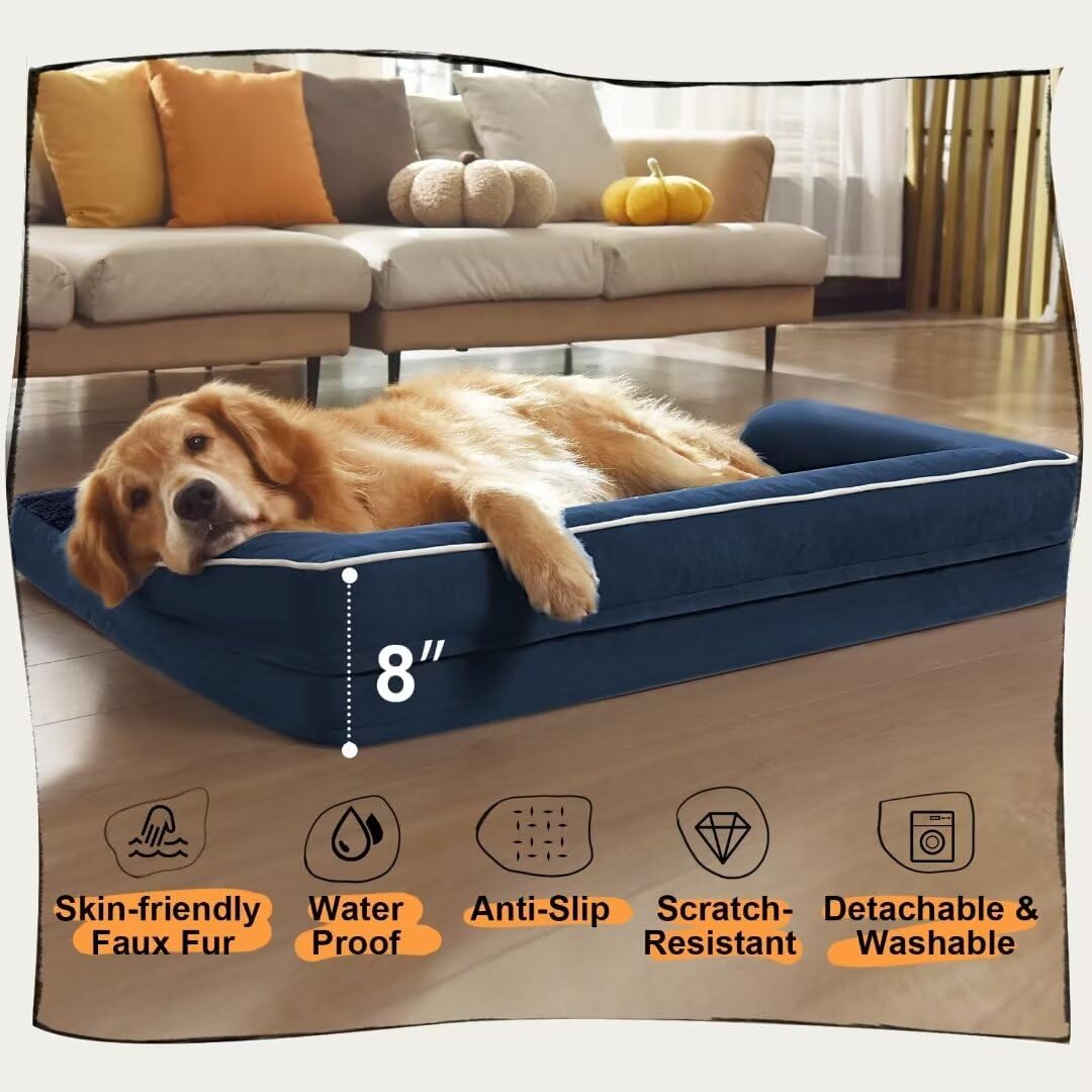 Large Dog Bed Orthopedic Washable - Waterproof with Removable Cover - Memory Foam - Beds Bolster Pet - Couch Sofa - XXL Large Big Dogs - Navy Blue Dog Bed