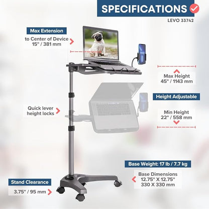 LEVO G2 V16 Rolling Laptop Workstation Stand Cart with Mouse Tray and Phone Holder for Bed Couch Recliner or Chair, Adjustable Mobile Desk for Remote Office Reading and Study