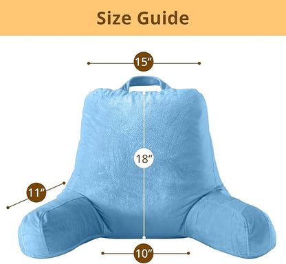 Sasttie Reading Pillow, Velvet Back Pillow for Bed Sitting Up, Adult Back-Rest Support Cushion with Arms for Sit Up on Couch, Sofa, and Floor, Dorm Essentials, Reading Accessories, Blue