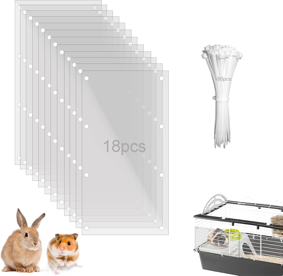 Pet Cage Liner Protection, Rabbit Cage Plastic Panels, 18 PCS Cage Urine Guard for Rabbit, Guinea Pig, Hamster, Hedgehog, Chinchilla, Ferret, Bunny - Transparent, 11.8"x5.9"