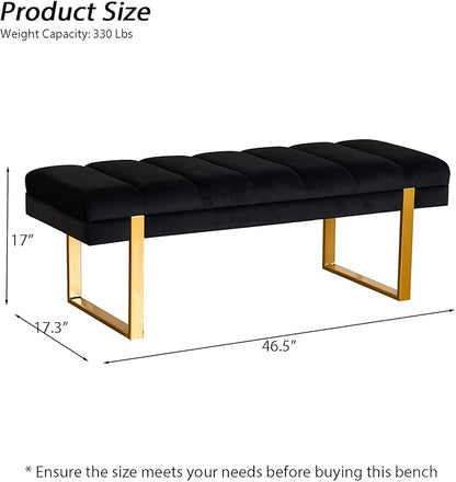 AIITTCC Velvet Ottoman Bedroom Bench, 46.5" Tufted Padded End of Bed Bench with Gold Legs, Upholstered Shoe Bench for Living Room Entryway Window (Black, 46" Wide)