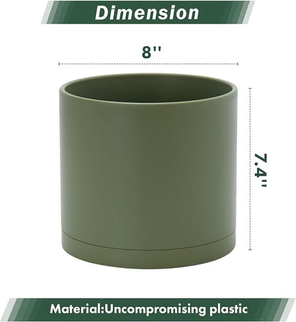 D'vine Dev 8 Inch Plastic Planter Pots for Plant Pot with Drainage Hole and Seamless Saucers, Olive, 74-X-I-1