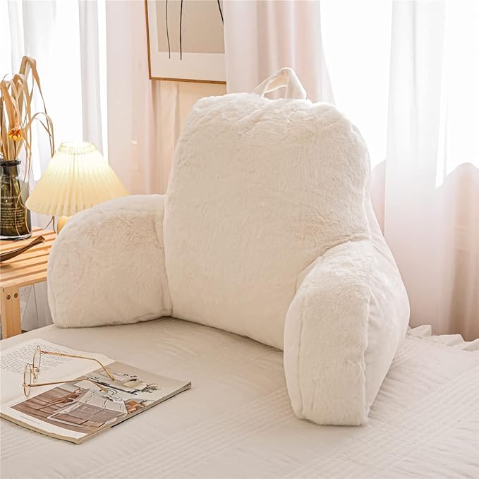 Holawakaka Standard Faux Fur Bed Rest Pillow with Arms, Rabbit Fur Reading Pillows Perfect for Adults, Teens, Kids, Arm, Back, Pregnancy Lumbar & Head Neck Coccyx Lower Back Support Cushion (Ivory)