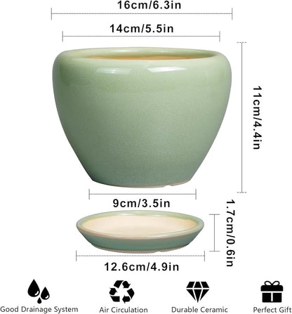 Ceramicfor 6 Inch Plant Pot - Ceramic Planter for Indoor Plants Round Planter Outdoor Plant Pot with Drainage Hole and Saucer Modern Flower Pot for Succulent Garden Green