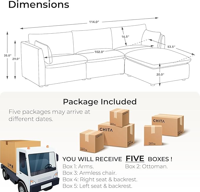 CHITA Luxury Oversized 114" L-Shaped Sectional Sofa Couch, Premium Down Filled Cloud Modular Sectional with Storage Ottoman, FSC Certified, Snow