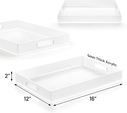 16"x12" Large Acrylic Serving Tray Decorative Ottoman Coffee Table Vanity Tray Tea Fruit Platter Snack Appetizer Dessert Drink with Handles for Bar Kitchen Party, Frosted