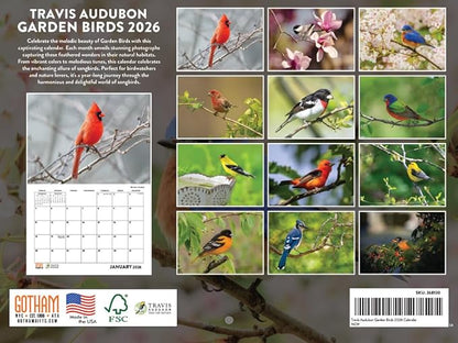 Travis Audubon Garden Bird Calendar 2026 Wall Monthly Birds Gifts For Bird Lovers Women Men | American Made In The USA