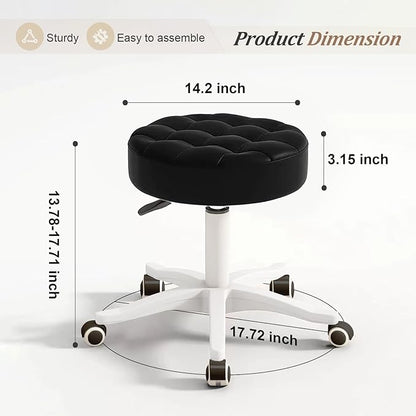 JPBSTO Small Rolling Stool with Wheels, PU Leather Height Adjustable Vanity Work Task Stool, 360 Swivel, Padded Seat Cushion,for Salon, Home, Office