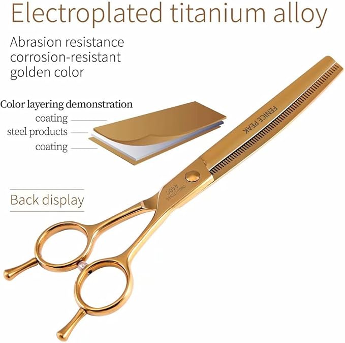 Fenice Peak Professional Dog Grooming Scissors Pet Curved Thinning Shears 7.0'' Extremely Sharp Blades 440C Steel Thinning Scissors Durable Smooth Motion & Fine Cut for Dogs and Cats(Gold)