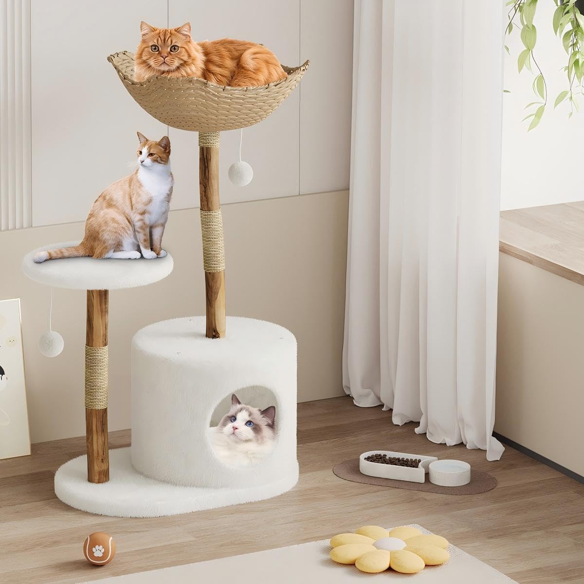 Modern Wood Cat Tree Tower for Large Cats | Luxury Solid Pear Wood Condo with Platforms, Scratching Posts & All-Season Mats, 43" Aesthetic Cat Furniture, 1 Branch