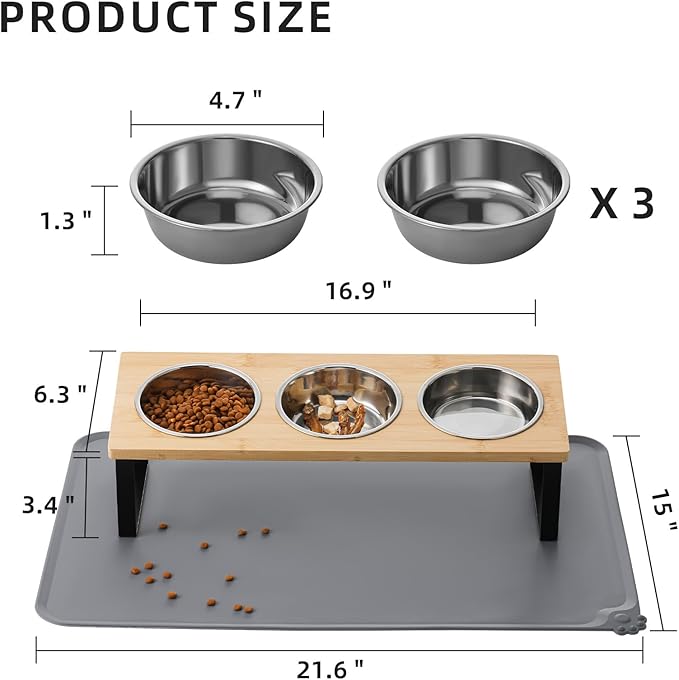 Upgraded Elevated Cat Bowls with Food Mat,15°Tilted Stand Anti Vomiting Raised Cat Dishes for Food and Water,3 Stainless Steel Bowls for Cats and Puppy