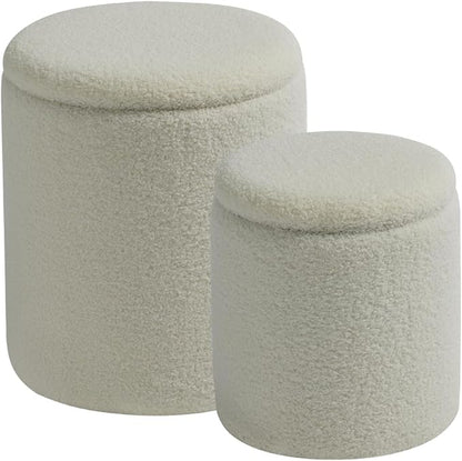 Round Ottoman with Storage Set of 2-Upholstered Sherpa Vanity Stool for MakeupMultifunctional Ottomans Coffee Table Padded Seat Foot Rest for LivingRoom&Bedroom(Sherpa White)