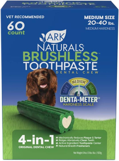 ARK NATURALS Brushless Toothpaste, Dog Dental Chews for Medium Breeds, Vet Recommended for Plaque, Bacteria & Tartar Control, Value Pack, Green Outer Layer, Beige Filling, Cinnamon, 54 Oz