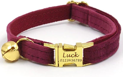 Personalized Cat Collar with Bells,Velvet Customized Small Cat Collar with Name Tag,Pet Collar with Name Phone Number Engraved ID Tags for Boy and Girl Kitten Cats (Wine Red)