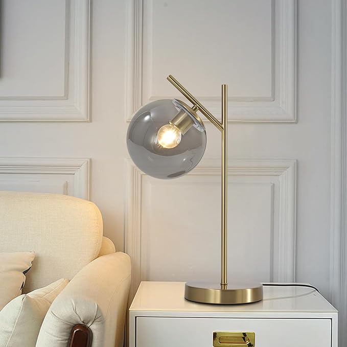 Mid Century Desk Lamp, Glass Globe Table Lamp with Gray Glass lampshade, Gold Modern Bedside Lamps for Bedroom Living Room Study Room