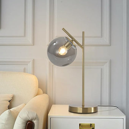 Mid Century Desk Lamp, Glass Globe Table Lamp with Gray Glass lampshade, Gold Modern Bedside Lamps for Bedroom Living Room Study Room