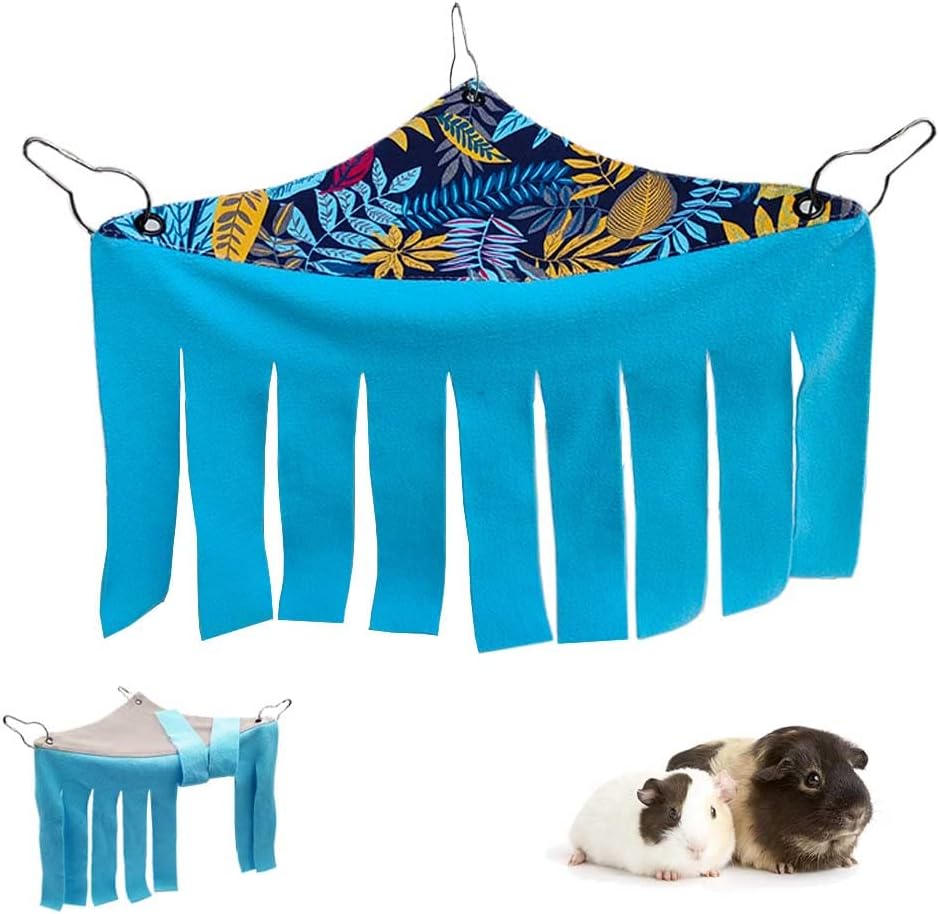RIOUSSI Guinea Pig Hideout Hideaway Corner Fleece Toys Cage Accessories with Reversible Sides, Blue Leaves