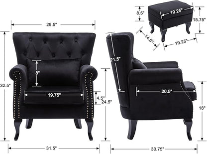 chairus Mid-Century Modern Accent Chairs with Ottoman Set of 2, Comfy Velvet Single Sofa Chair Button Tufted Wingback Armchairs with Pillow for Living Room/Bedroom/Club - Black