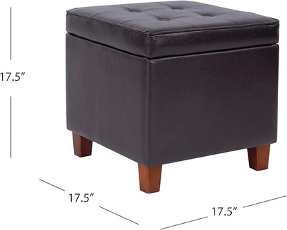 HomePop Leatherette Tufted Square Storage Ottoman with Hinged Lid, Brown Small
