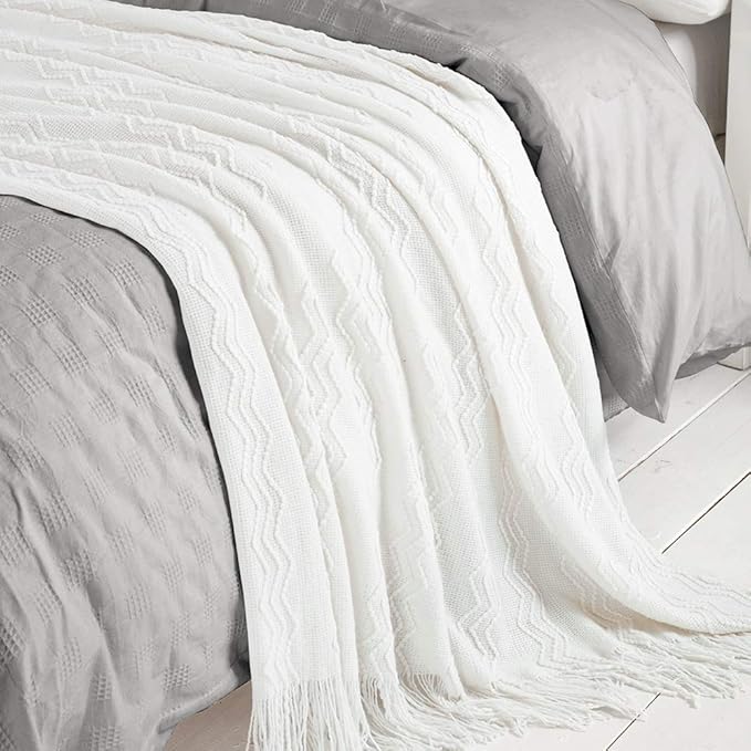BOURINA Off White Throw Blanket 60x80 Inches Throw Textured Solid Soft Sofa Throw Couch Knitted Decorative Blanket