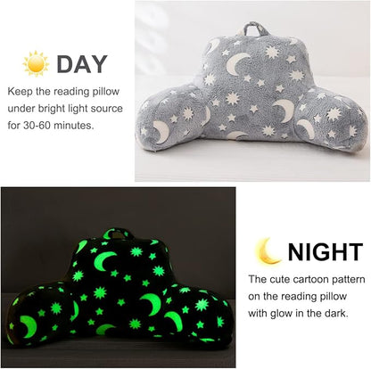 Holawakaka Glow in The Dark Reading Pillow for Sitting up in Bed Sofa Kids Teens, Luminous Moon Stars Backrest Pillow with Arms for Boys Girls Petites, Back Support Cushion for Couch Nursery Playroom