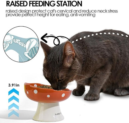 Red and Orange Mushroom Cat Bowl Set, 2PCS Elevated Ceramic Bowls for Cats | Cute Mushroom Set, Elevated, Ceramic, Whisker Friendly, Multi-Cat