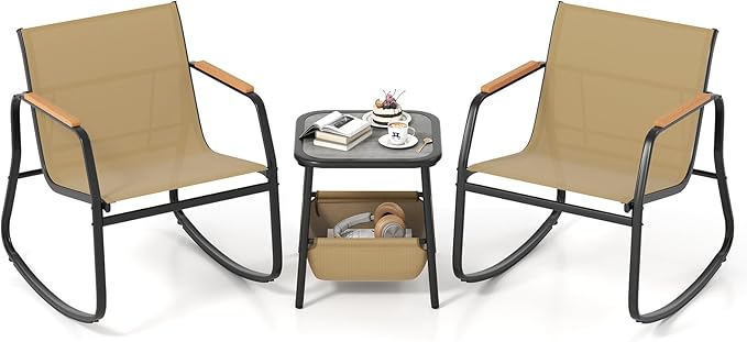 Tangkula 3 Piece Rocking Bistro Set Outdoor, Patio Rocking Chairs & Side Table with Storage Basket, Wood-Like Armrests & Metal Frame, Patio Furniture Set for Porch, Backyard, Lawn & Poolside