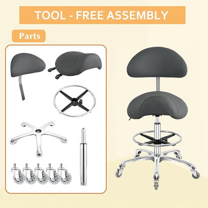 Nazalus Saddle Stool Chair with Back Support Footrest, Heavy-Duty(350LBS), Hydraulic Rolling Swivel Adjustable Stool Chair for Salon Spa Beauty Massage Dental Clinic Home Office Use(Grey)