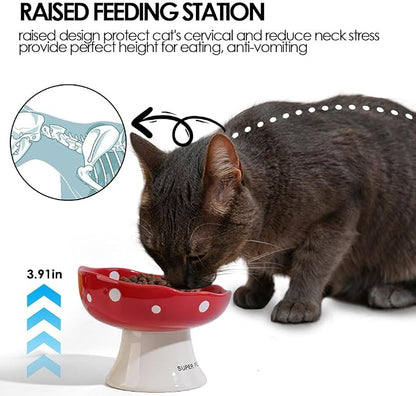 Black Mushroom Cat Bowl, Elevated Ceramic Bowl for Cats | Elevated, Ceramic, Whisker Friendly, Anti Vomitin,Cute Mushroom Design