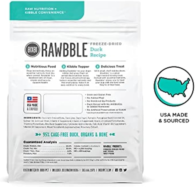 BIXBI Rawbble Freeze Dried Dog Food, Duck Recipe, 4.5 oz - 95% Meat and Organs, No Fillers - Pantry-Friendly Raw Dog Food for Meal, Treat or Food Topper - USA Made in Small Batches