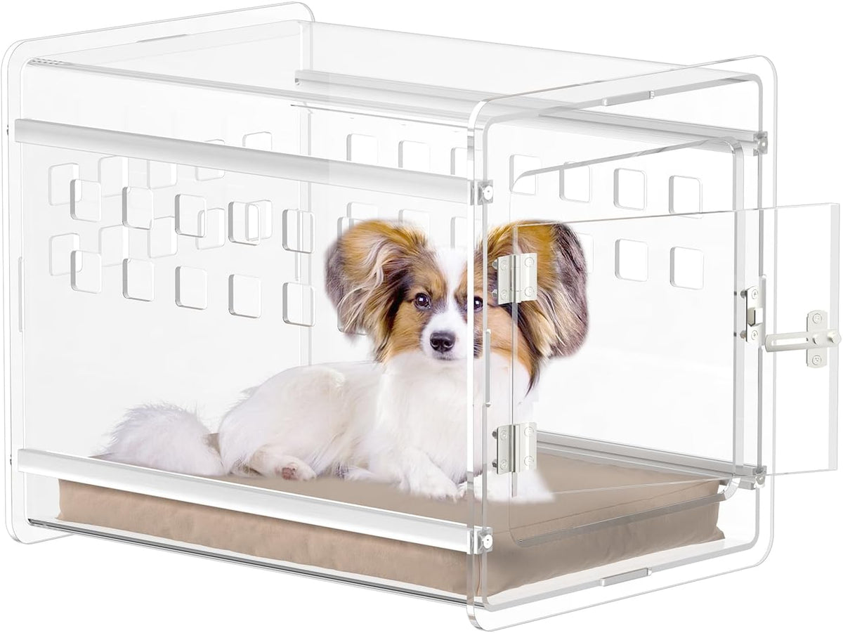 Sumerflos Clear Acrylic Dog Crate - Modern Dog Kennel Furniture, Indoor End Table Dog Crate Lockable Ventilated for Most Small Dog Cat Pet, 21.65" L x 15.74" W x 17.71" H