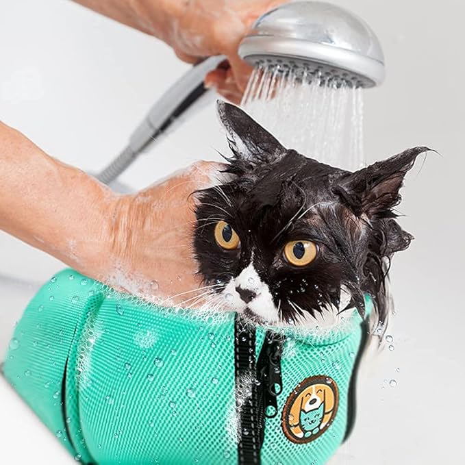 AWOOF Cat Grooming Bag Adjustable Cat Bathing Bag Anti Scratch Bite Polyester Soft Durable Mesh Cat Shower Bag for Small Medium Large Cats