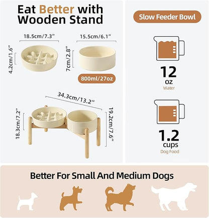 Ceramic 1.2 Cup Raised Slow Feeder Dog Bowl Set, Elevated 6.1inch Bowl and