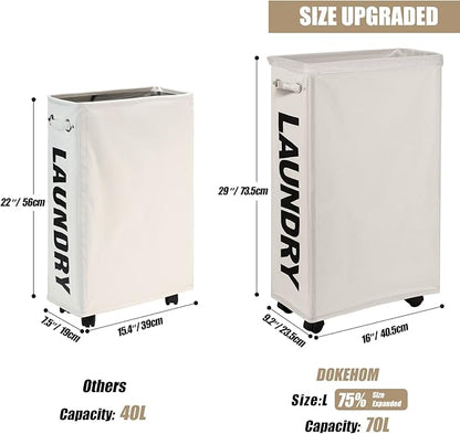 DOKEHOM 29-Inches Enlarged Slim Laundry Basket with Removable Wash Bag on Wheels, Collapsible Rolling Laundry Hamper, Foldable Narrow Corner Clothes Storage Bins (Beige)