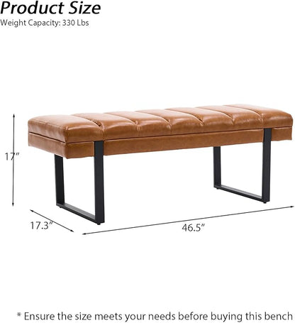 AIITTCC Faux Leather Ottoman Bench, Tufted Padded End of Bed Bench with Metal Legs, Upholstered Shoe Bench for Bedroom Living Room Entryway Window (Camel Brown, 46" Wide)