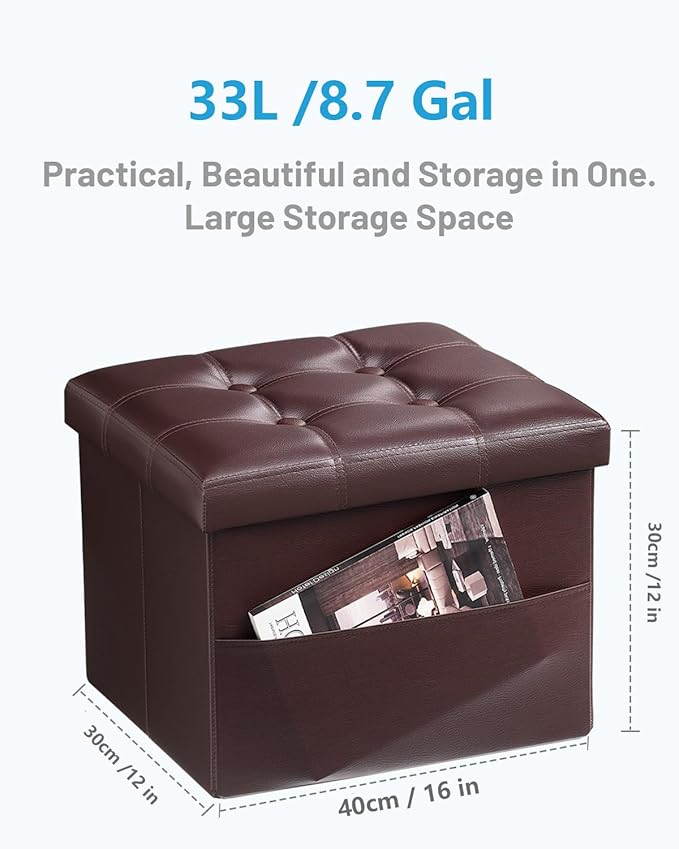 AmasSmile Storage Ottoman Folding Foot Rest Stool with Side Pocket, 16 inch Leather Footstool Bench, Short Ottoman Bench, Storage Foot Rest Store, Books, Brown