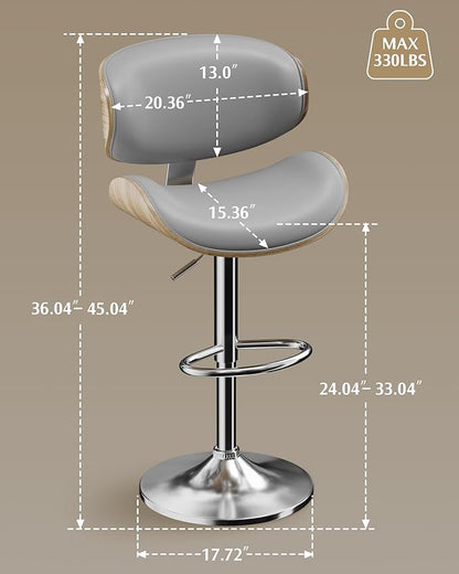 Aowos Bar Stools Set of 2, Adjustable Swivel Leather Bar Stools for Kitchen Island, Mid Century Modern Counter Height Bar Chairs Barstools with Back & Footrest (Grey)
