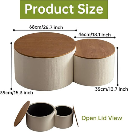 Round Nesting Coffee Table Set of 2, Round Fluted Coffee Tables with Storage for Living Room Leather Veneer Modern Nesting End Side Tables for Small Spaces (A Storage White)