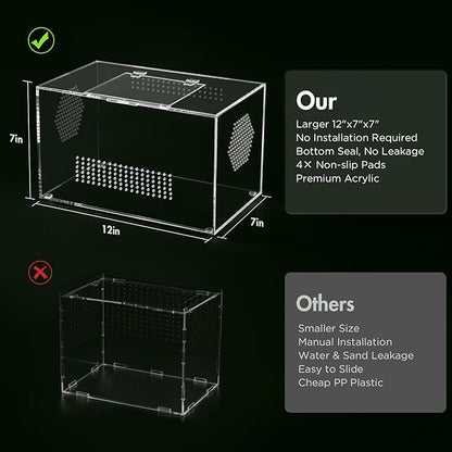 Acrylic Reptile Terrarium, Pre-Assembled Tarantula Enclosure with All-Side Ventilation & Magnetic Door, Tank for Spider, Gecko, Mantis, Frog, Snail, Isopods, 12"x7"x7" (Tweezer & Hygrometer Included)