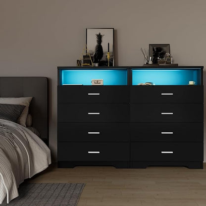 Dresser with Power Outlets and LED Lights Wooden 4 Drawer Dresser with Large