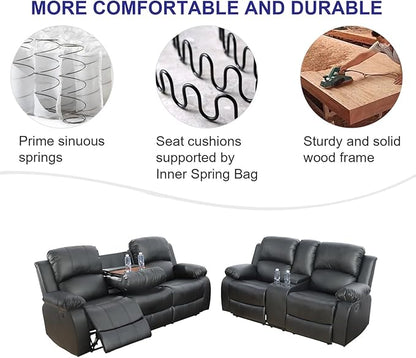 A Ainehome Living Room Furniture Set Leather Recliner Sofa Set Loveseat Chair Furniture Sofa Set for Living Room/Small Space/Rv/House/Office/Theater Seating (A-Black Leather, Sofa+Loveseat)