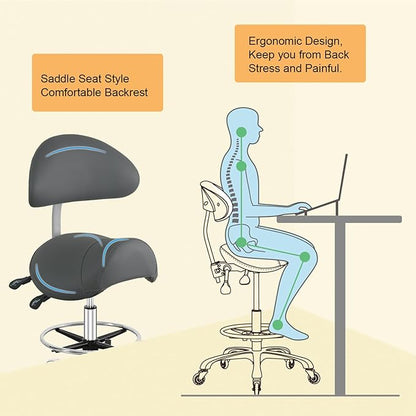Nazalus Saddle Stool Chair with Back Support Footrest, Heavy-Duty(350LBS), Hydraulic Rolling Swivel Adjustable Stool Chair for Salon Spa Beauty Massage Dental Clinic Home Office Use(Grey)
